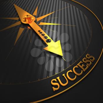 Success - Business Background. Golden Compass Needle on a Black Field Pointing to the Word Success. 3D Render.