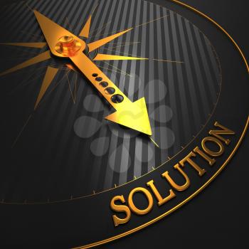 Solution - Business Background. Golden Compass Needle on a Black Field Pointing to the Word Solution. 3D Render.