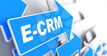 E-CRM. Information Technology Concept. Blue Arrow with E-CRM slogan on a grey background. 3D Render.