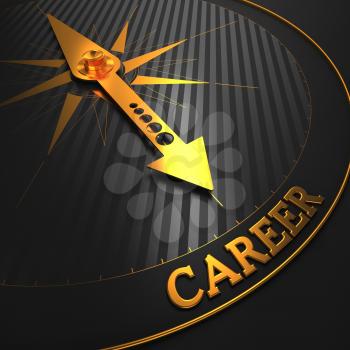 Career. Business Background. Golden Compass Needle on a Black Field Pointing to the Word Career. 3D Render.