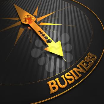 Business Background. Golden Compass Needle on a Black Field Pointing to the Word Business. 3D Render.