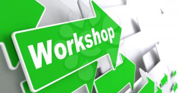 Workshop - Business Concept. Green Arrow with Workshop Slogan on a Grey Background. 3D Render.