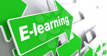 E-Learning - Educational Background. Green Arrow with E-Learning Slogan on a Grey Background. 3D Render.