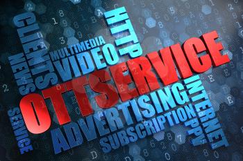 OTT Service - Wordcloud Concept. The Word in Red Color, Surrounded by a Cloud of Blue Words.