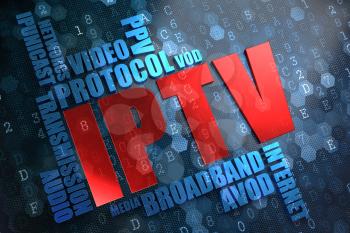 IPTV - Wordcloud Concept. The Word in Red Color, Surrounded by a Cloud of Blue Words.