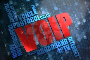 VOIP. Wordcloud Concept. The Word in Red Color, Surrounded by a Cloud of Blue Words.