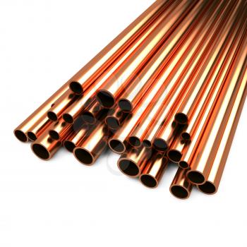Stack of Copper Pipes Isolated on White Background.