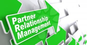 Partner Relationship Management Concept. Green Arrow with Partner Relationship Management Slogan on a Grey Background. 3D Render.