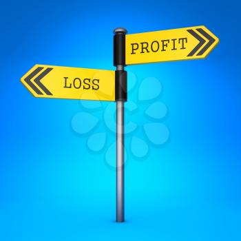 Yellow Two-Way Direction Sign with the Words Profit or Loss on Blue Background. Business Concept of Choice.