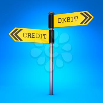 Yellow Two-Way Direction Sign with the Words Debit and Credit on Blue Background. Business Concept of Choice.