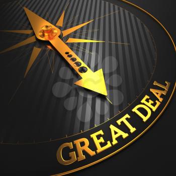 Great Deal - Business Background. Golden Compass Needle on a Black Field Pointing to the Word Great Deal. 3D Render.