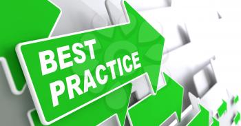 Best Practice - Business Background. Green Arrow with Best Practice Slogan on a Grey Background. 3D Render.