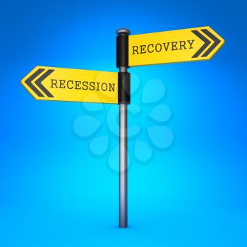 Yellow Two-Way Direction Sign with the Words Recession and Recovery on Blue Background. Concept of Choice.