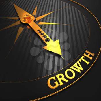 Growth - Business Background. Golden Compass Needle on a Black Field Pointing to the Word Growth. 3D Render.