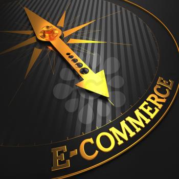 E-Commerce - Business Background. Golden Compass Needle on a Black Field Pointing to the Word E-Commerce. 3D Render.