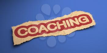 Coaching Word of Rough Paper, Circled in Red, on Blue Background. Business Concept. 3D Render.