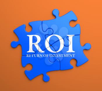 ROI - Return Of Investment - Written on Blue Puzzle Pieces on Orange Background. Business Concept.