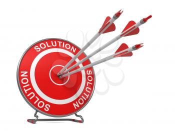 Solution - Business Background. Three Arrows Hitting the Center of a Red Target, where is Written Solution. 3D Render.