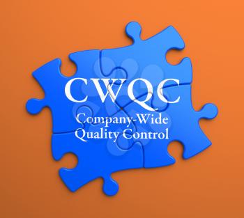 CWQC  - Company-Wide Quality Control - Written on Blue Puzzle Pieces on Orange Background. Business Concept.