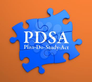 PDSA - Plan-Do-Study-Act - Written on Blue Puzzle Pieces on Orange Background. Business Concept.