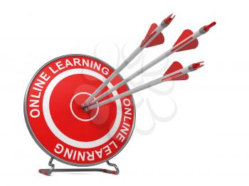 Distance Learning - Education Concept. Three Arrows Hitting the Center of a Red Target, where is Written Online Learning.