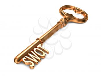 SWOT - Golden Key on White Background. 3D Render. Business Concept.