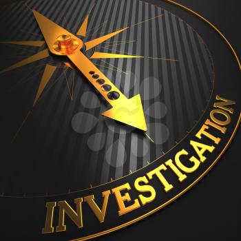 Investigation - Business Background. Golden Compass Needle on a Black Field Pointing to the Word Investigation. 3D Render.