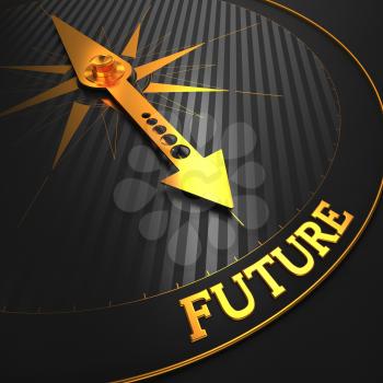 Future - Business Background. Golden Compass Needle on a Black Field Pointing to the Word Future. 3D Render.