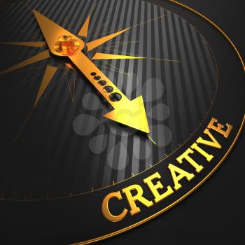 Creative - Business Background. Golden Compass Needle on a Black Field Pointing to the Word Creative. 3D Render.