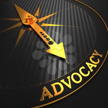 Advocacy - Business Background. Golden Compass Needle on a Black Field Pointing to the Word Advocacy. 3D Render.
