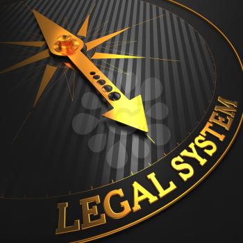 Legal System - Business Background. Golden Compass Needle on a Black Field Pointing to the Word Legal System. 3D Render.