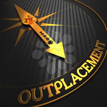 Outplacement - Business Concept. Golden Compass Needle on a Black Field Pointing to the Word Outplacement. 3D Render.
