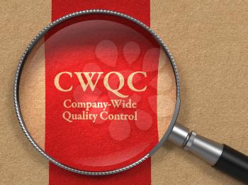 CWQC- Company-Wide Quality Control - Concept: Magnifying Glass with CWQC on Old Paper with Red Vertical Line Background.