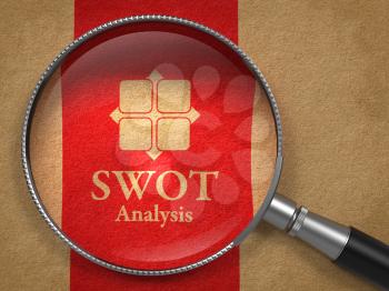 SWOT Analysis Concept: Magnifying Glass with Icon and Words SWOT Analysis on Old Paper with Red Vertical Line Background.