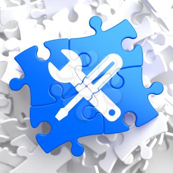 Service Concept - Icon of Crossed Screwdriver and Wrench - Located on Blue Puzzle Pieces. Business  Background.
