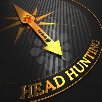 Headhunting - Business Concept. Golden Compass Needle on a Black Field Pointing to the Word Headhunting. 3D Render.