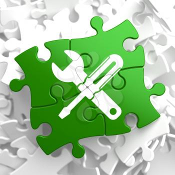 Service Concept - Icon of Crossed Screwdriver and Wrench - Located on Green Puzzle Pieces. Business  Background.