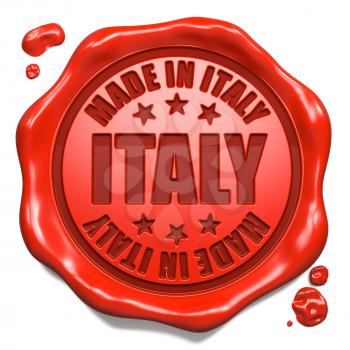 Made in Italy - Stamp on Red Wax Seal Isolated on White. Business Concept. 3D Render.