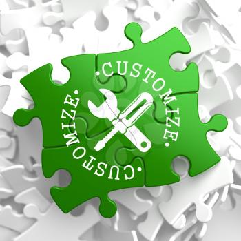 Customize Written Arround Icon of Crossed Screwdriver and Wrench on Green Puzzle Pieces. Service Concept.