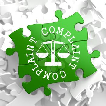 Complaint Word Written Arround Icon of Scales in Balance, Located on Green Puzzle Pieces. Business Concept.