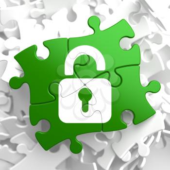 Security Concept - Icon of Opened Padlock - Located on Green Puzzle Pieces.