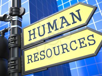 Human Resources Words on Yellow Roadsign on Blue Urban Background. Business Concept. 3D Render.