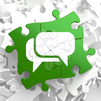 White Speech Bubble Icon on Green Puzzle. Communication Concept.