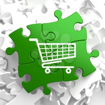 Icon of Shopping Cart on Green Puzzle.