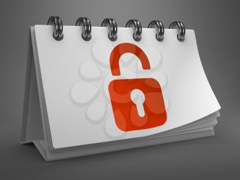 White Desktop Calendar with Red Icon of Opened Padlock on Gray Background. Security Concept.
