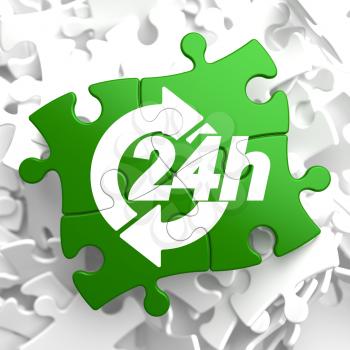 24 Hours Icon on Green Puzzle. Service Concept.