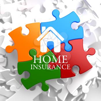 Home Insurance Inscription with Home Icon on Multicolor Puzzle. Business Concept.