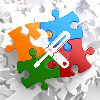 Service Concept - Icon of Crossed Screwdriver and Wrench - Located on Multicolor Puzzle. Business  Background.