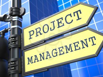 Project Management Words on Yellow Roadsign on Blue Urban Background. Business Concept. 3D Render.