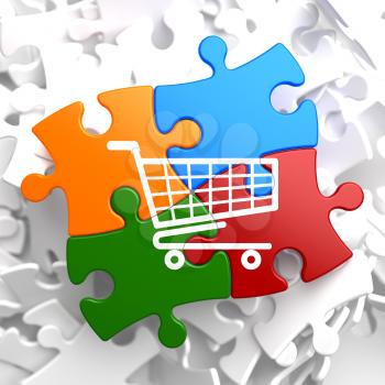 Icon of Shopping Cart on Multicolor Puzzle.